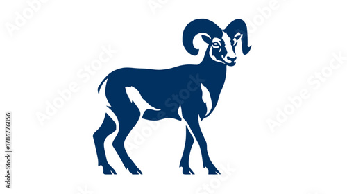 Powerful Ram Icon: Dark Blue Bighorn Sheep Silhouette Illustration Representing Strength and Wild Nature