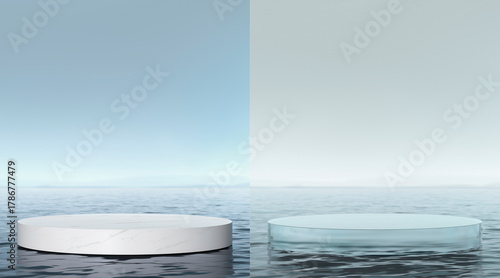 White marble and glass podium stand in sea water scene