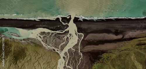 Konstfotografi Braided River Delta Aerial View Iceland Glacial Sediment