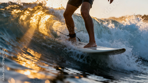 Fototapeta Naklejka Na Ścianę i Meble -  A dynamic low-angle close-up of a surfer riding a powerful ocean wave as the sun sets, creating a stunning golden backlit effect.