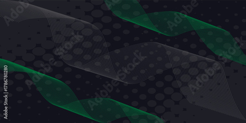 Abstract green blue wave light effect in perspective vector illustration. Magic luminous azure glow design element on dark background, flash luminosity, abstract neon motion glowing wavy lines. eps 10