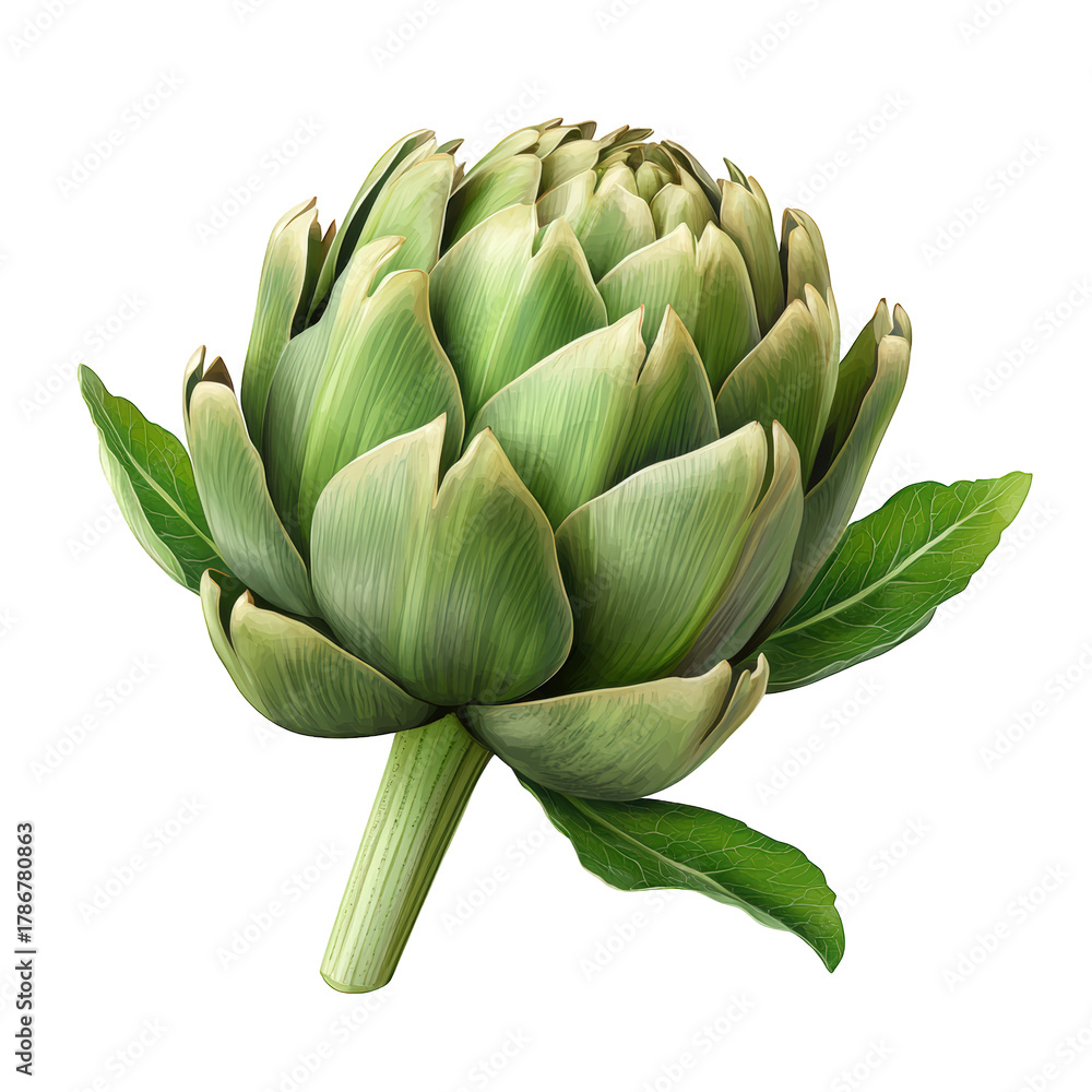 Fototapeta premium A vibrant green artichoke isolated on transparent background, displaying its layered bracts, conical shape, and fresh appearance, often used as a culinary delicacy