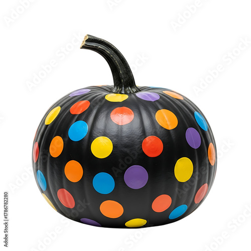 Black pumpkin decorated with colorful polka dots