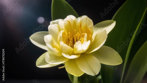 A beautiful macro shot of a yellow tulip with lush green leaves set against a dark background, perfect for spring or floral designs.