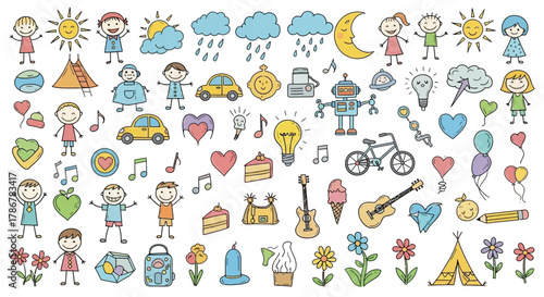 Colorful Hand-Drawn Kids Doodle Vector Set - Childish Sketch Icons & Elements