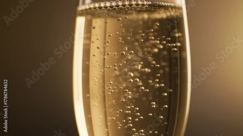 Close-up of champagne bubbles rising in a glass, with a soft golden background and reflections, suitable for luxury and celebration themes.