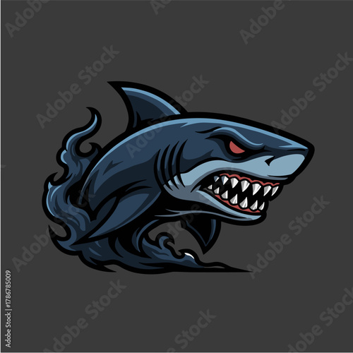 Kartun hiu vektor ilustrasi lucu dengan gigi tajam dan senyum lebar, terisolasi