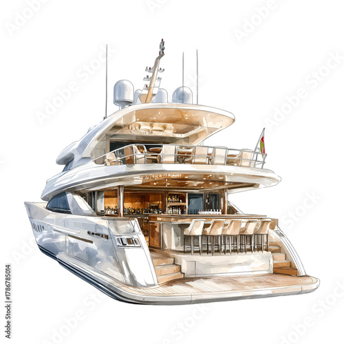 Luxury Superyacht Motorboat Watercolor Illustration

