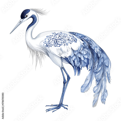 Oriental Blue and White Crane Bird Illustration
