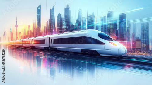 Illustration of a high-speed train weaving through city skyscrapers, a concept of urban development