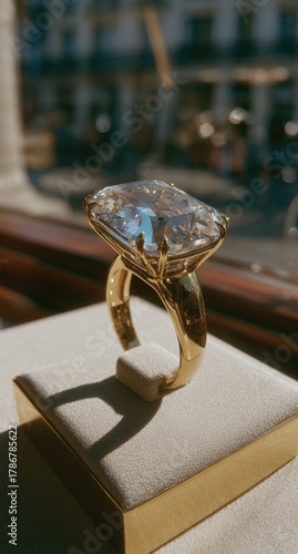 Large gold ring with rectangular gem on display stand