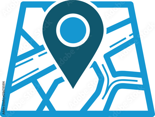Blue map icon with location pin marker for travel destination