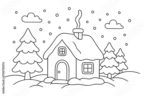 Simple Christmas coloring page featuring a cozy winter cottage with snow, pine trees, and falling snowflakes. Cute outline vector illustration, easy to color for kids.