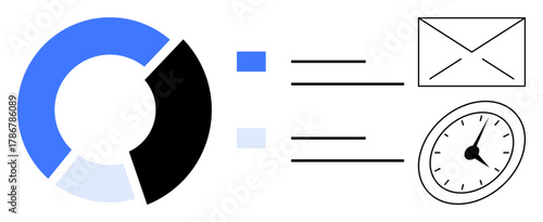 Pie chart with segments, email envelope icon, and clock imply data analysis, communication, and time management. Ideal for productivity, efficiency, workflow reporting planning and statistics. A