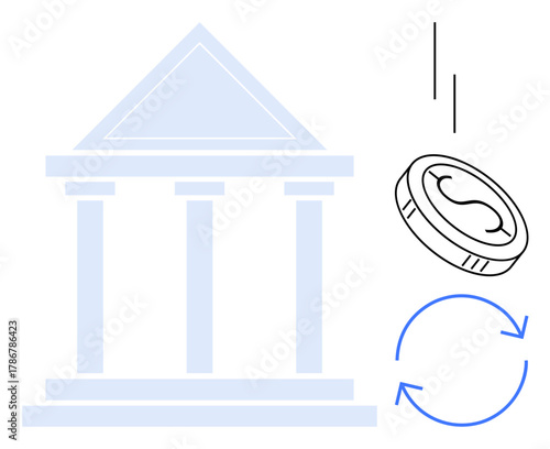 Bank building outline next to falling coin and circular arrow. Ideal for finance, banking, investment, sustainability, monetary flow, economy cycle, and wealth management concepts. Simple flat