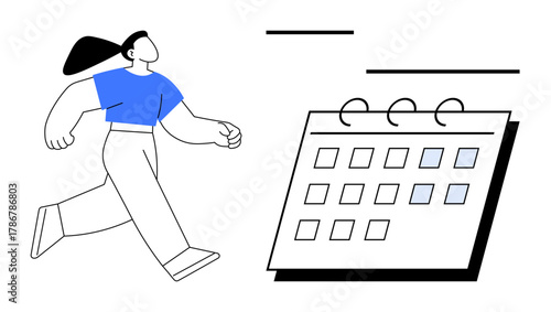 Person striding confidently near a calendar with marked dates. Ideal for planning, scheduling, time management, productivity, organization, goal setting, and personal growth. Simple flat metaphor