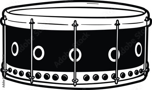 Black and white snare drum, musical instrument, detailed illustration, percussion art, tension rods, drumhead, cylindrical shape, stylized drawing, music icon, rhythm tool