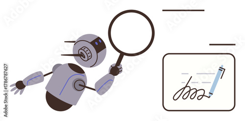 Robot holding magnifying glass examining a document with a signature and a pen. Ideal for AI, automation, analysis, research, technology, digital verification, fraud detection. Simple flat metaphor