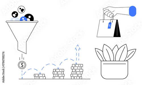 Funnel filtering users into revenue, stacked coins growing, hand with shopping bag, potted plant. Ideal for marketing, sales, e-commerce, customer generation, growth startups simple flat metaphor