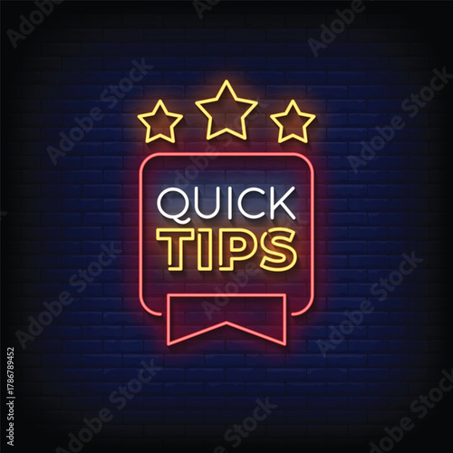 quick tips neon signboard with brick wall background vector