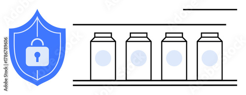 Blue shield with lock next to four milk cartons represents food security. Ideal for packaging, safety, supply chain, quality control, storage, compliance, simple flat metaphor