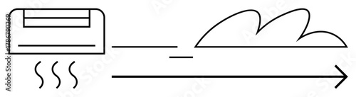 Air conditioner releasing warm air, heat waves, directional arrow, and streamline cloud-shaped lines. Ideal for climate control, HVAC, energy conservation, heating, air quality minimalism simple