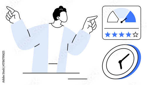 Human figure gesturing energetically beside a performance gauge, a star rating, and an analog clock. Ideal for business, productivity, quality, time management, leadership success efficiency. A