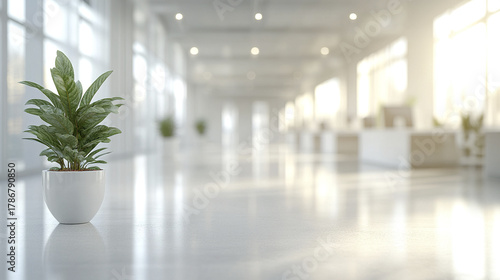 Green plant in white pot on shiny floor in bright modern office lobby with large windows and blurred background
