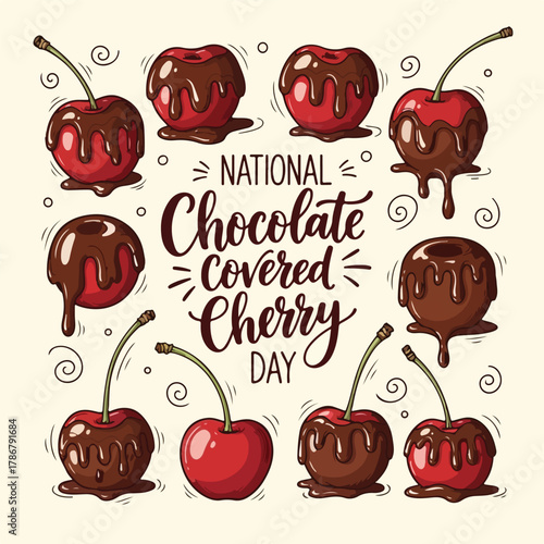 Celebrate National Chocolate Covered Cherry Day with this delightful illustration perfect for food blogs, social media, and sweet treat promotions