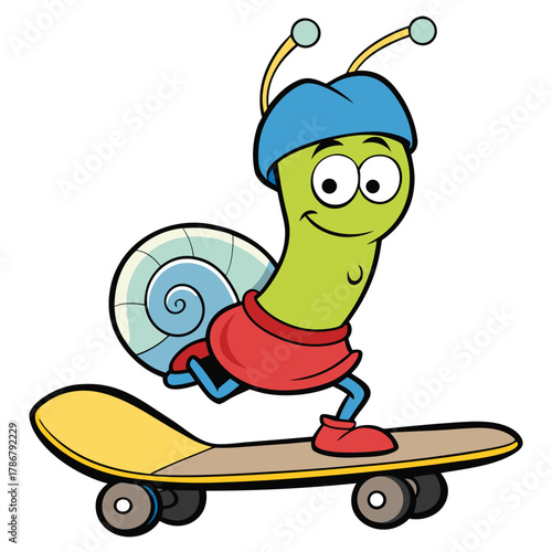 Cartoon Snail Character on Skateboard Smiling and Wearing a Blue Hat Having Fun