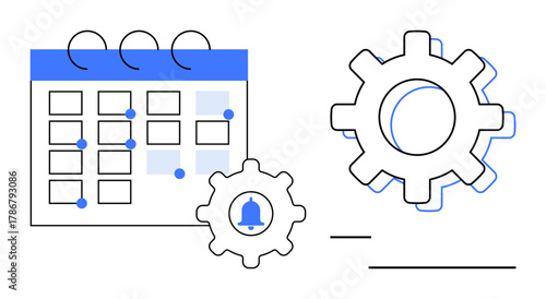 Calendar with highlighted dates, bell notification, and large gear icons. Ideal for time management, productivity, automation, scheduling, reminders workflows planning. Simple flat metaphor