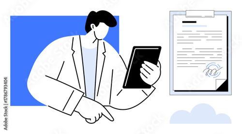 Person in formal attire reviewing a tablet while pointing to a digital clipboard with a signed document. Ideal for business, contracts, e-signature, remote work, technology, office tasks, legal