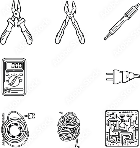 Electrical tools and components in black and white line drawing style arranged in a grid pattern