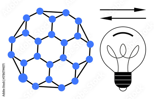 Molecular network symbolizing scientific concepts with arrows indicating energy flow next to a light bulb. Ideal for science, innovation, technology, energy, research, creativity, development. Simple