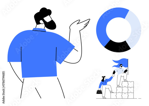 Professional presenting chart progress, individuals conquering challenges and climbing blocks for success. Ideal for teamwork, leadership, growth, collaboration, strategy, motivation