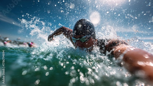 A swimmer wearing goggles and a swim cap slices through vibrant green water, generating splashes under a clear blue sky, conveying speed and determination generative ai