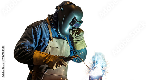 A welder wearing a protective mask and gloves welding metal with bright sparks in a dark environment on transparent background