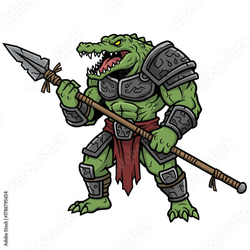 Ilustrasi vektor karakter prajurit ksatria marah dengan pedang dan perisai hijau yang seru