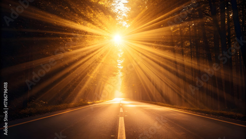 A sun-drenched road stretches towards a brilliant light, creating a sense of hope and inspiration
