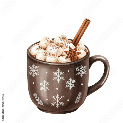 Cozy hot chocolate with marshmallows and cinnamon stick