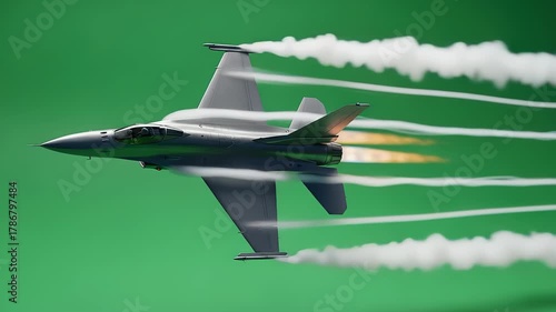 Dynamic footage showcasing a fighter jet soaring against a vibrant green screen backdrop at high