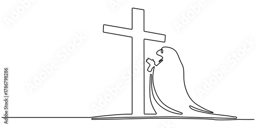 Jesus Christ praying, drawn with one continuous line. Christian symbol of Easter and Christmas in a simple line style. Editable stroke. Vector illustration