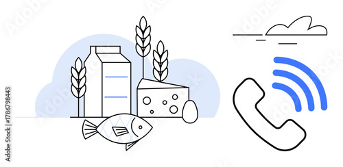 Milk carton, cheese, egg, fish, wheat stalks, phone receiver with signal waves, and cloud emphasize food production, agriculture, communication rural life sustainability broadcasting simple flat