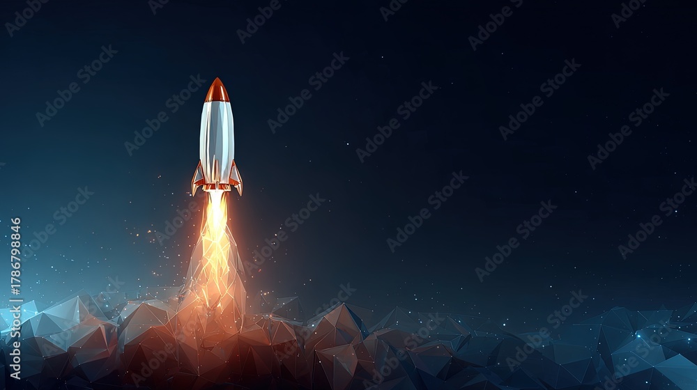 Fototapeta premium Pixel Art Rocket Launch Over Abstract Mountains At Night