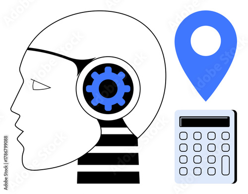 Robot head with integrated gear, blue map pin symbolizing navigation, and calculator for logical computation. Ideal for technology, AI, robotics, navigation, education, problem-solving