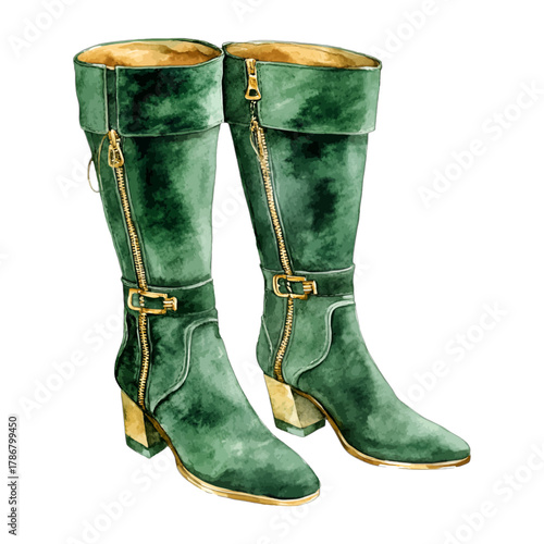 Watercolor Green Velvet Knee High Boots with Gold Zipper Vector Clipart
