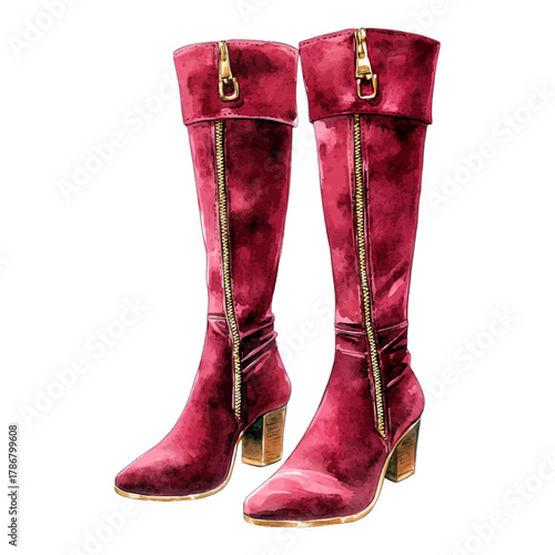 Watercolor Red Velvet Knee High Boots with Gold Zipper Vector Clipart
