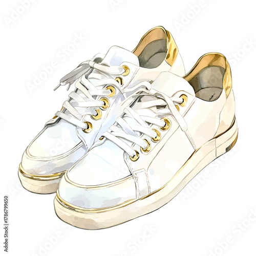 Watercolor White Leather Sneakers with Gold Accents Vector Clipart

