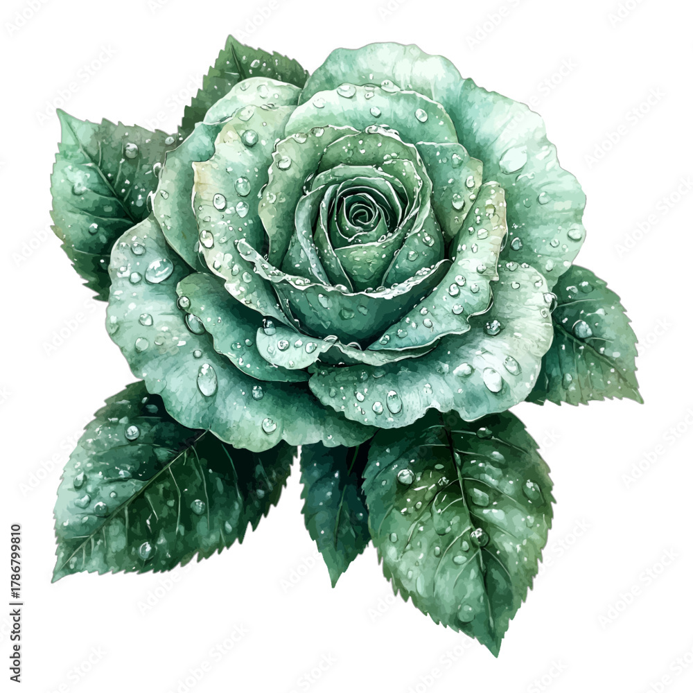Obraz premium Watercolor Emerald Green Rose Flower with Water Drops Vector Clipart 