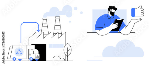 Recycling truck unloading at factory, smoke from chimneys, and worker using tablet with thumbs up. Ideal for recycling, sustainability, industry, logistics, eco-awareness, efficiency simple flat